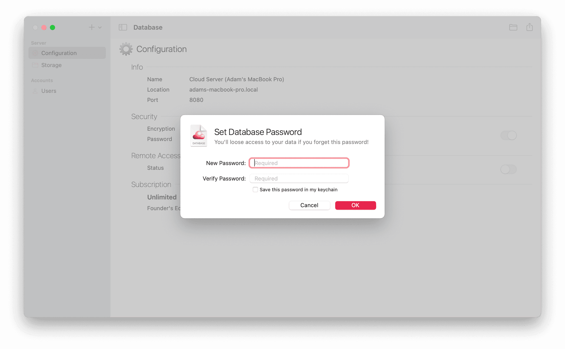 Image of a Cloud Server Window while setting Database Password